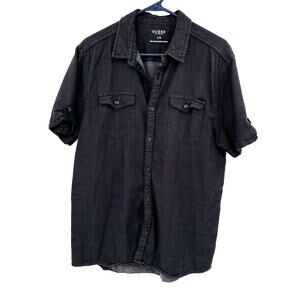 Guess Size Large‎ Shirt Black Button Up Short Sleeve Punk Edgy Basic Casual Top